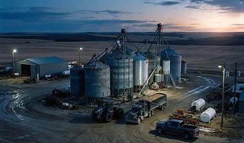 Canadian farm yard with grain bins and equipment at dawn