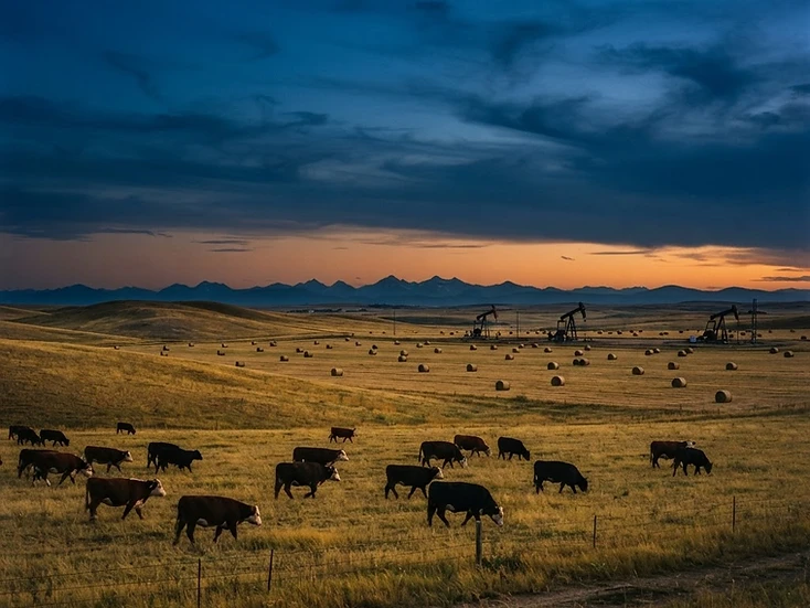 Alberta ranchland with cattle and hay bales, silhouetted pumpjacks and faint Rocky Mountain peaks at dusk