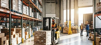 Forklift moving pallets down the racking aisle of a modern Moncton distribution centre.
