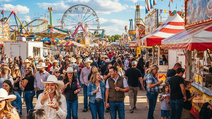 Large crowds in cowboy hats enjoying the Calgary Stampede grounds in a bright, vivid western festival scene in Calgary