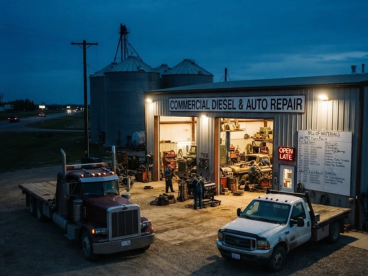 Auto and truck repair shop with bays open and a flatbed truck waiting in Wetaskiwin at dusk