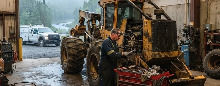 Mechanic servicing a forestry machine inside a Miramichi heavy-equipment repair bay.