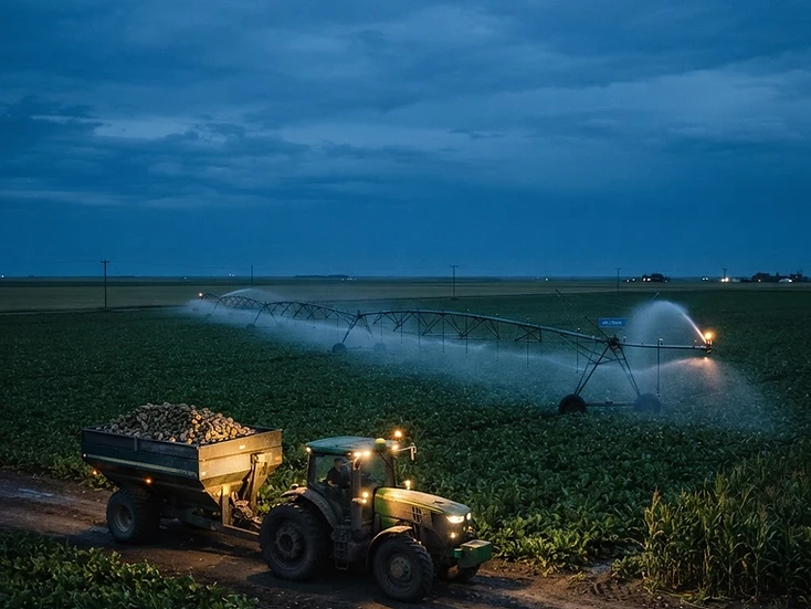 Centre-pivot irrigation over green crop fields with a tractor and grain cart near Taber at dusk
