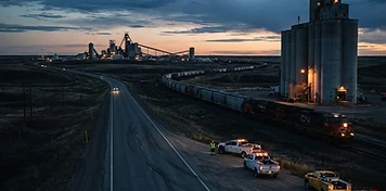 Prairie highway corridor with a long freight train, grain elevators and a potash surface structure on the Saskatchewan plains at dusk