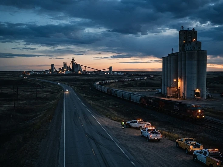 Prairie highway corridor with a long freight train, grain elevators and a potash surface structure on the Saskatchewan plains at dusk