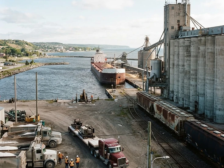 Grain elevators, rail cars and salt-haul trucks in Goderich, Ontario
