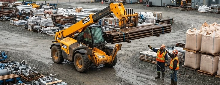Télémanipulateur soulevant des tuyaux d'acier palettisés dans une cour privée de fournitures industrielles près de Belledune.