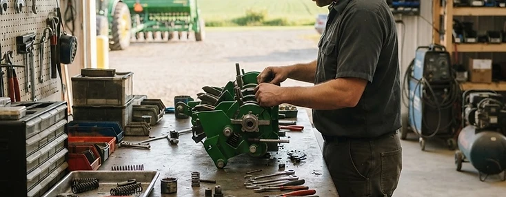 Technician rebuilding a farm implement component at the bench of a bright rural agricultural service shop in Sussex.