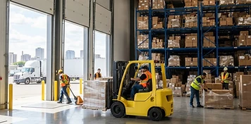 Distribution crews loading freight at a bright Winnipeg logistics warehouse