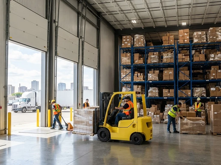 Distribution crews loading freight at a bright Winnipeg logistics warehouse