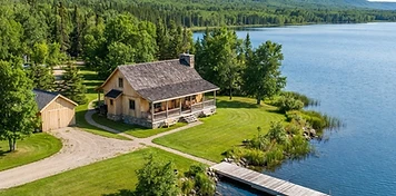 Lakeside lodge and dock under a bright summer sky near Duck Mountain, Manitoba