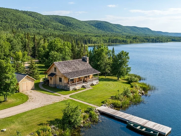 Lakeside lodge and dock under a bright summer sky near Duck Mountain, Manitoba