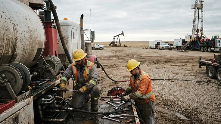 Illustrative Canadian oilfield-service yard — service-truck crews performing maintenance on well-servicing equipment on the prairie.