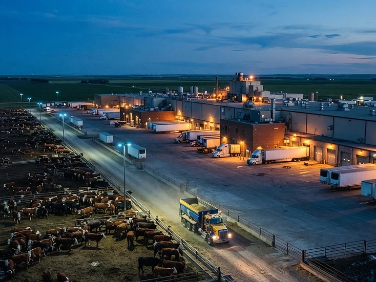 Beef processing plant with refrigerated trailers and feedlot pens with cattle near Brooks at dusk