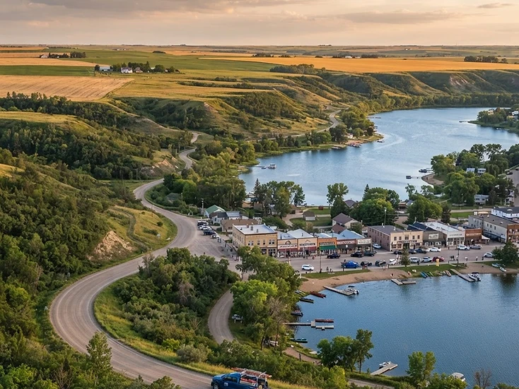 Valley lakes, resort storefronts and trade service trucks in the Qu'Appelle Valley at Fort Qu'Appelle, Saskatchewan