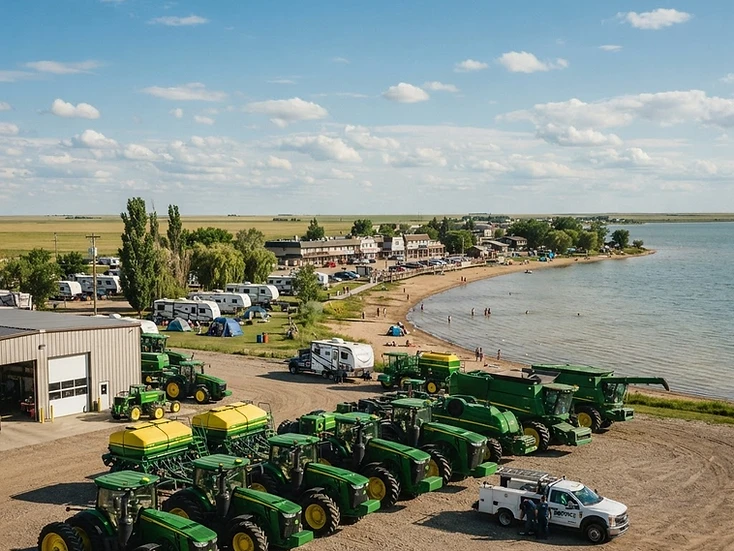 Agricultural equipment dealership yard with the mineral lake and resort shoreline of Manitou Beach near Watrous, Saskatchewan