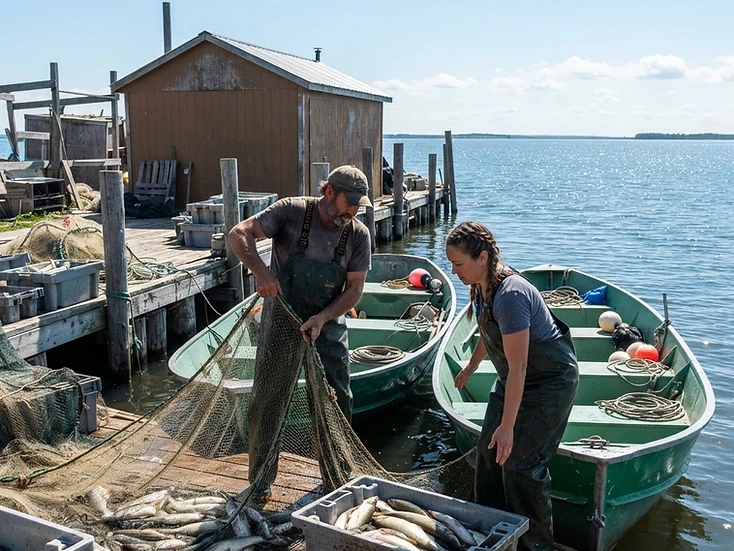 Fishers hauling nets and crates of fresh catch at a bright Lake Winnipeg harbour dock