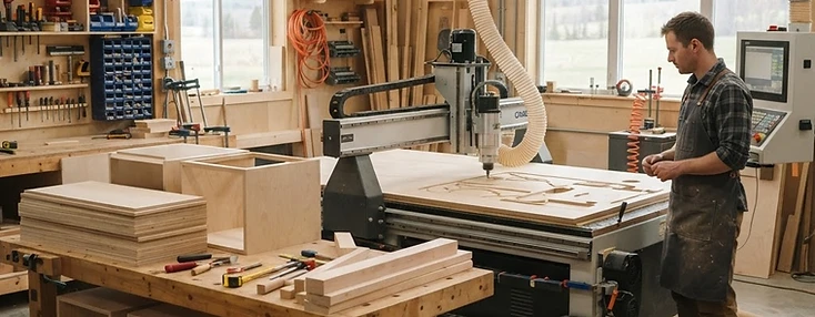 Ébéniste opérant une routeuse CNC dans un atelier lumineux de fabrication sur mesure à Hampton.