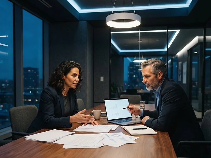 Canadian business partners planning growth over documents and a laptop in a modern boardroom