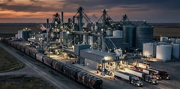 Canola crush plant with steel storage tanks and hopper rail cars at dusk on the Saskatchewan plains