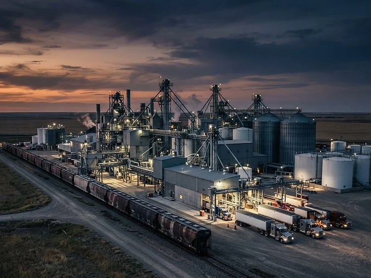 Canola crush plant with steel storage tanks and hopper rail cars at dusk on the Saskatchewan plains