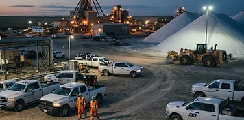 Potash mine surface service yard with contractor trucks at dusk near Rocanville