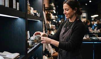 Retail store owner arranging merchandise