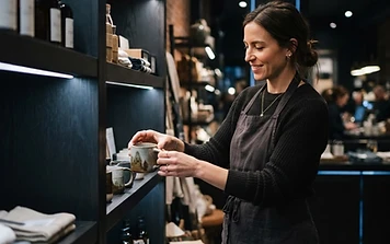 Retail store owner arranging merchandise.