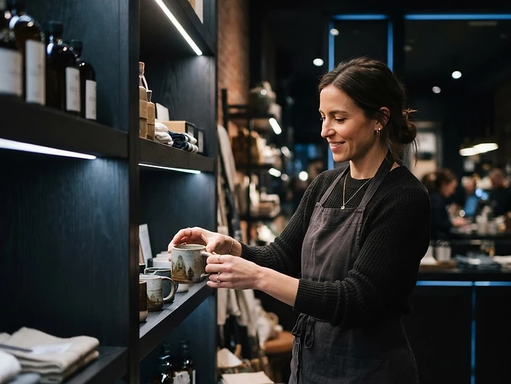 Retail store owner arranging merchandise