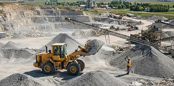 Loader operator moving gravel stockpiles at a bright Manitoba limestone quarry and aggregate yard