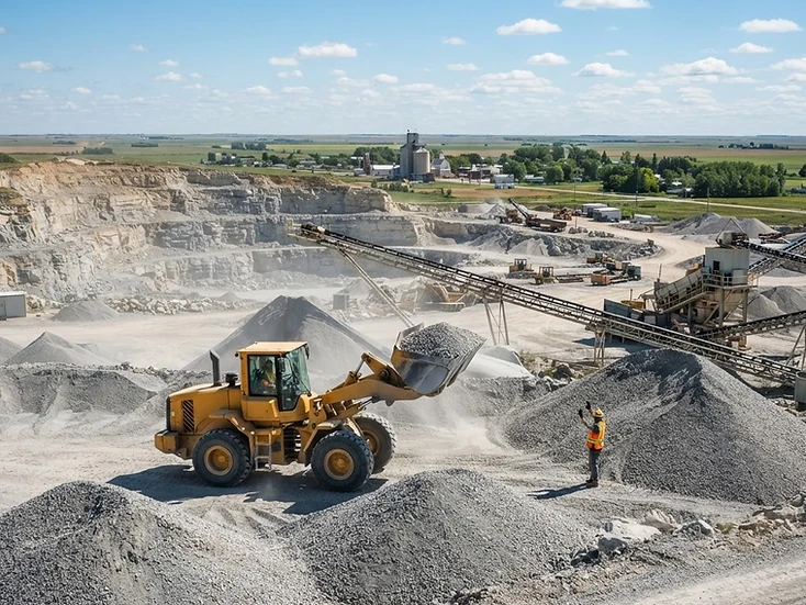 Loader operator moving gravel stockpiles at a bright Manitoba limestone quarry and aggregate yard