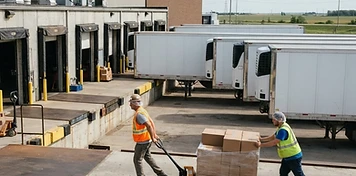 Dock workers loading refrigerated trailers at a bright Manitoba food-processing plant