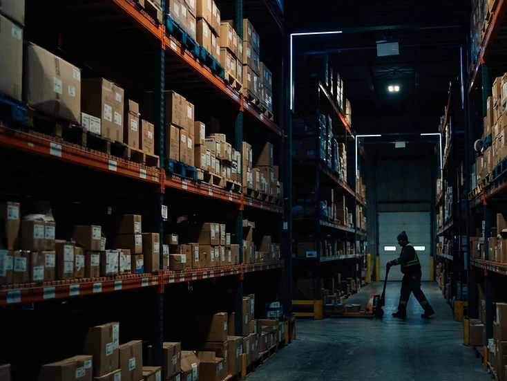 Warehouse shelves stocked with boxed products
