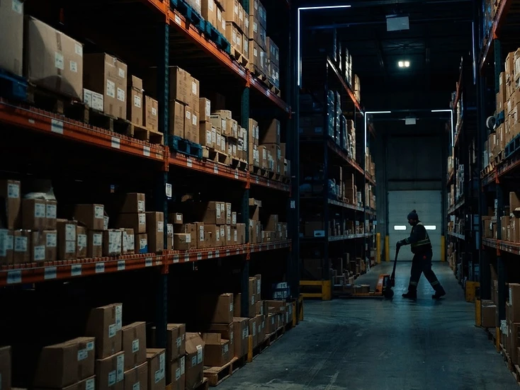 Warehouse shelves stocked with boxed products