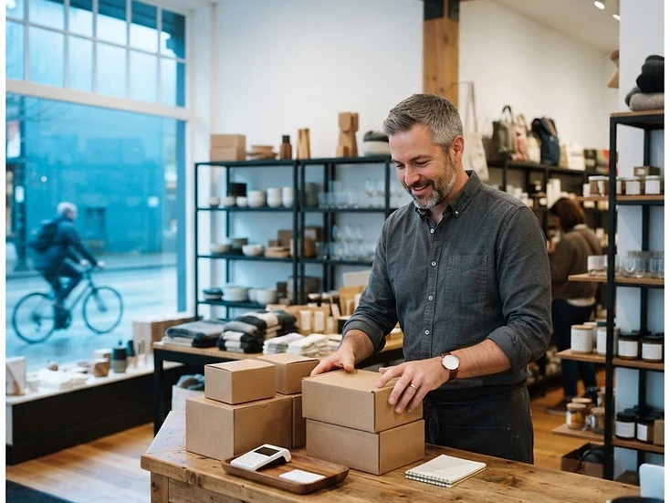 Independent Canadian small business owner at the counter of a retail store