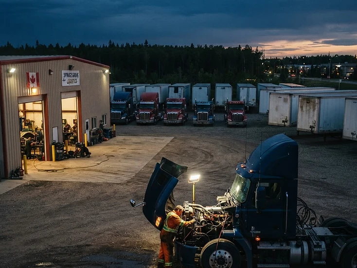 Trucking yard with tractors, trailers and a mechanic working under a hood in Spruce Grove at dusk