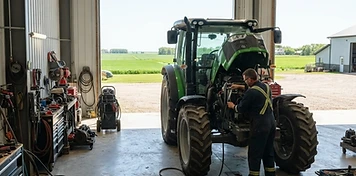 Technician servicing a tractor in a bright rural Manitoba equipment shop