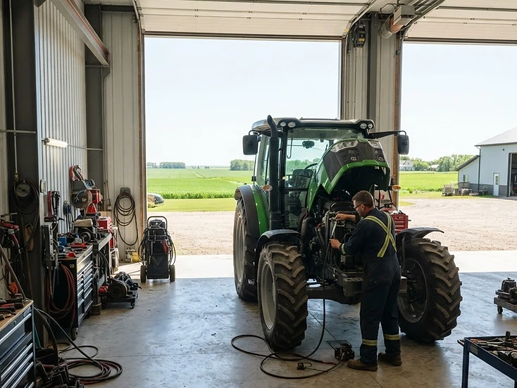 Technician servicing a tractor in a bright rural Manitoba equipment shop