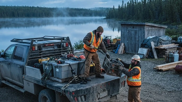 Illustrative northern Saskatchewan service-business yard — a crew loading a flat-deck work truck at dawn near the boreal forest.