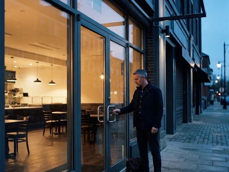 Franchise restaurant owner unlocking the front doors of their location at early morning