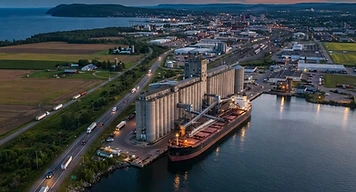 Commercial trucks and working waterfront along the Great Lakes in Ontario