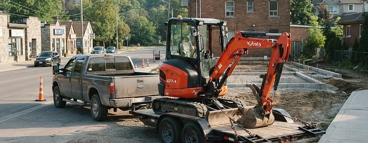 Mini-excavator on a contractor trailer at a Riverview job site in the morning.