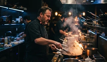 Chef working a commercial kitchen line