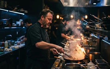 Chef working a commercial kitchen line.