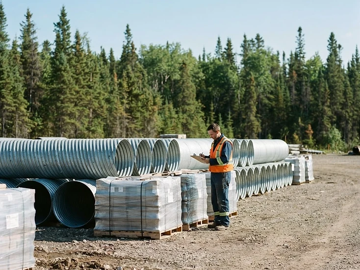 Rail worker inspecting freight cars beside a service truck at a bright northern Manitoba rail siding