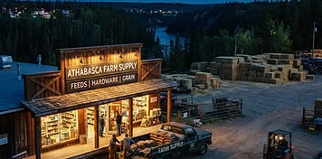 Feed and farm-supply storefront with delivery truck and hay bales over the Athabasca River valley at dusk