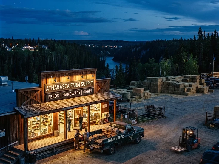 Feed and farm-supply storefront with delivery truck and hay bales over the Athabasca River valley at dusk