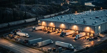 Regional distribution warehouse with delivery trucks at floodlit loading docks, transmission towers and rail at the edge of a river-valley city at dusk