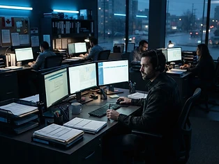Freight dispatch office at dusk with softly glowing monitors and organized invoice paperwork