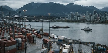 Container port, marine and downtown business operations in Vancouver, BC
